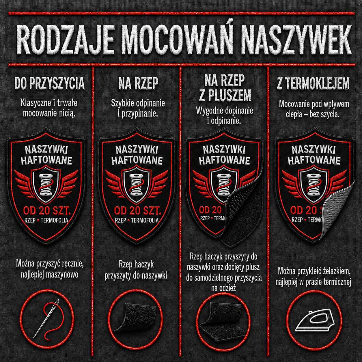 Mocowanie naszywki haftowanej w kształcie herbu do przyszycia na rzep lub z termoklejem
