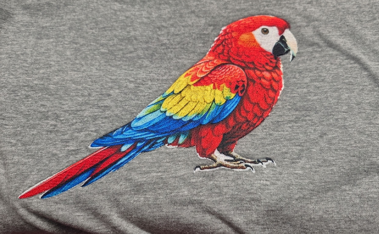 Papuga wykonana techniką mieszaną haft+sublimacja